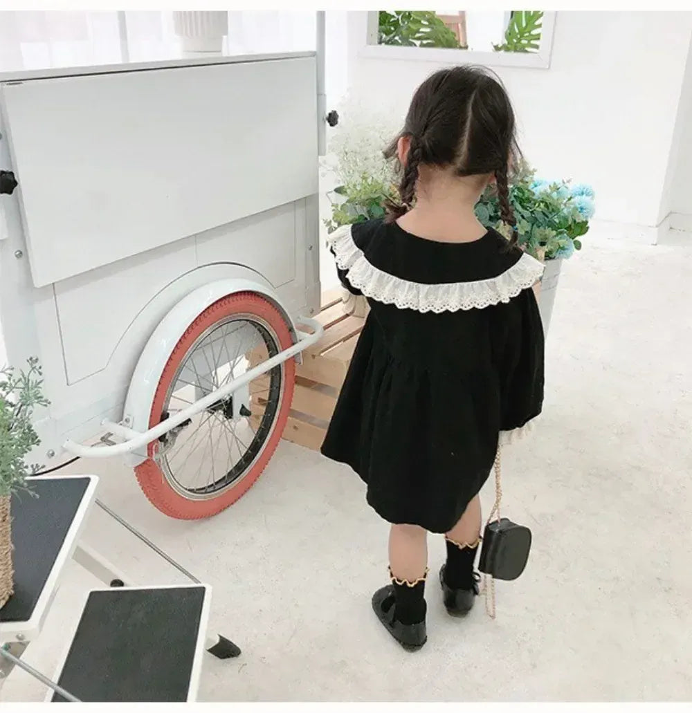 長袖ワンピース キッズワンピース レース縁取りビッグ襟長袖パフスリーブワンピース【mh0007656】
