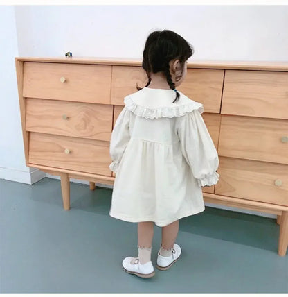 長袖ワンピース キッズワンピース レース縁取りビッグ襟長袖パフスリーブワンピース【mh0007656】