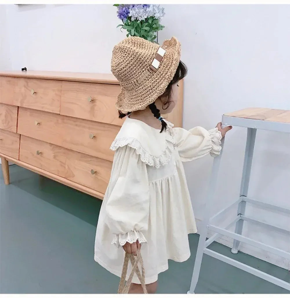 長袖ワンピース キッズワンピース レース縁取りビッグ襟長袖パフスリーブワンピース【mh0007656】