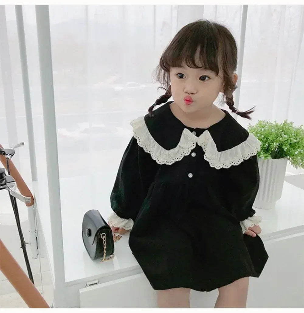 長袖ワンピース キッズワンピース レース縁取りビッグ襟長袖パフスリーブワンピース【mh0007656】