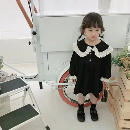 長袖ワンピース キッズワンピース レース縁取りビッグ襟長袖パフスリーブワンピース【mh0007656】