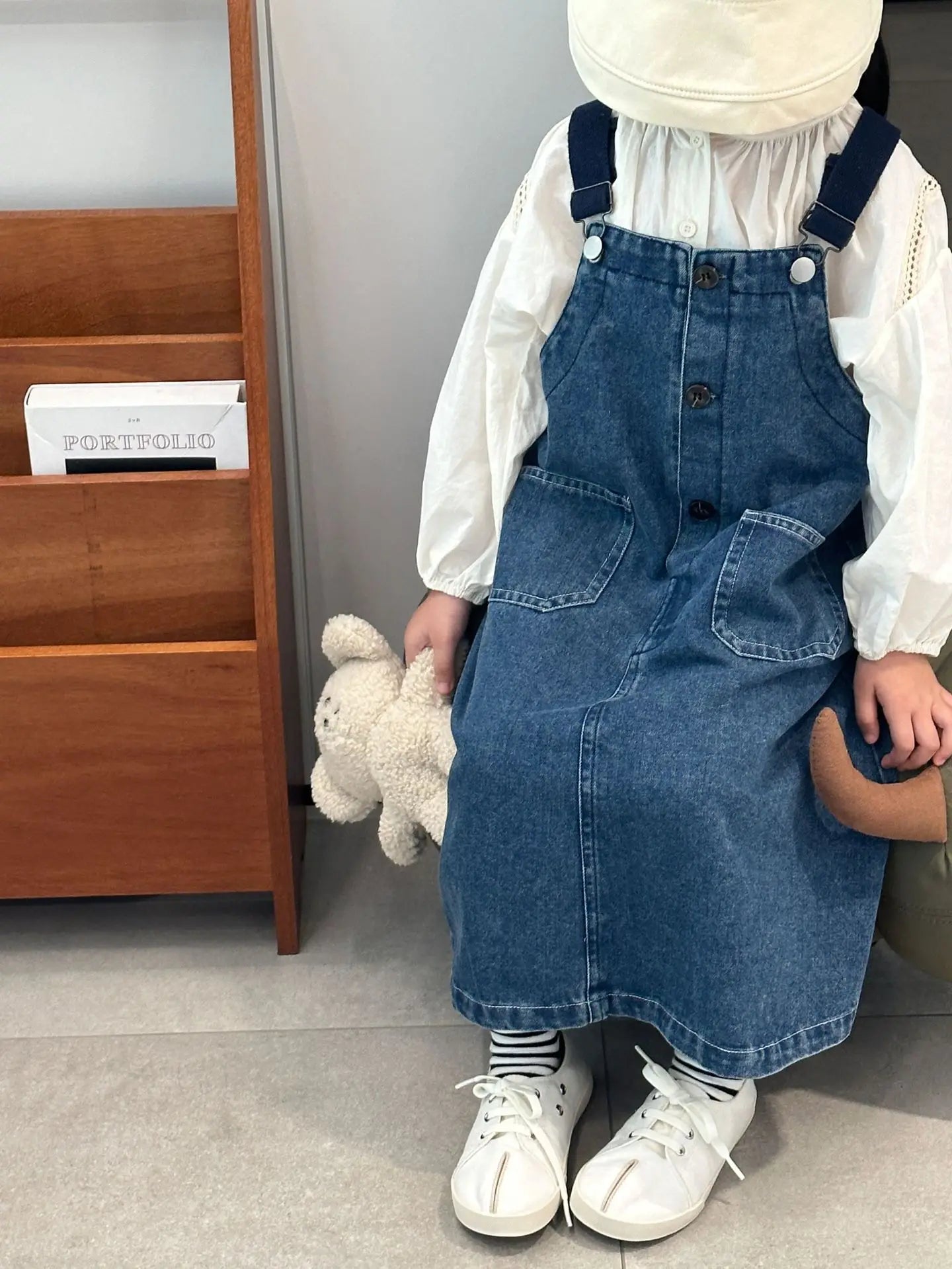 長袖セットアップ キッズトップス/ワンピース レース長袖ブラウス/デニムサスペンダージャンパースカートワンピース【mh0007657】