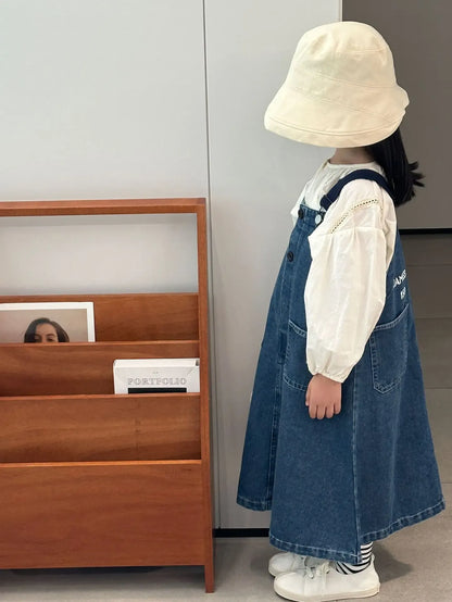 長袖セットアップ キッズトップス/ワンピース レース長袖ブラウス/デニムサスペンダージャンパースカートワンピース【mh0007657】