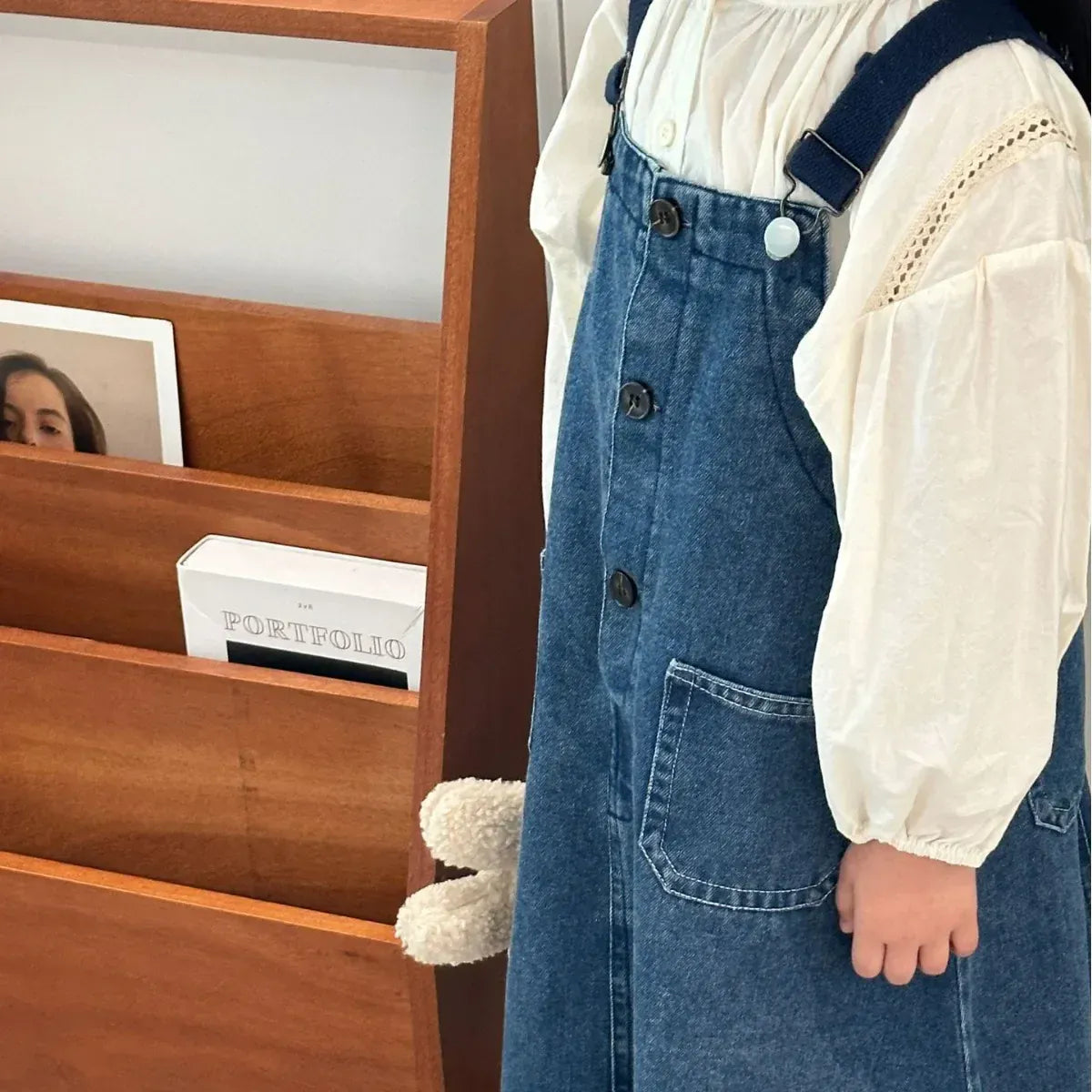 長袖セットアップ キッズトップス/ワンピース レース長袖ブラウス/デニムサスペンダージャンパースカートワンピース【mh0007657】