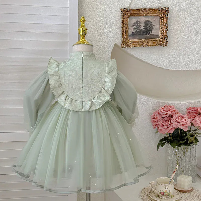 長袖ワンピース キッズワンピース チュチュチュールレースチャイナボタン長袖ドレスワンピース【mh0007659】