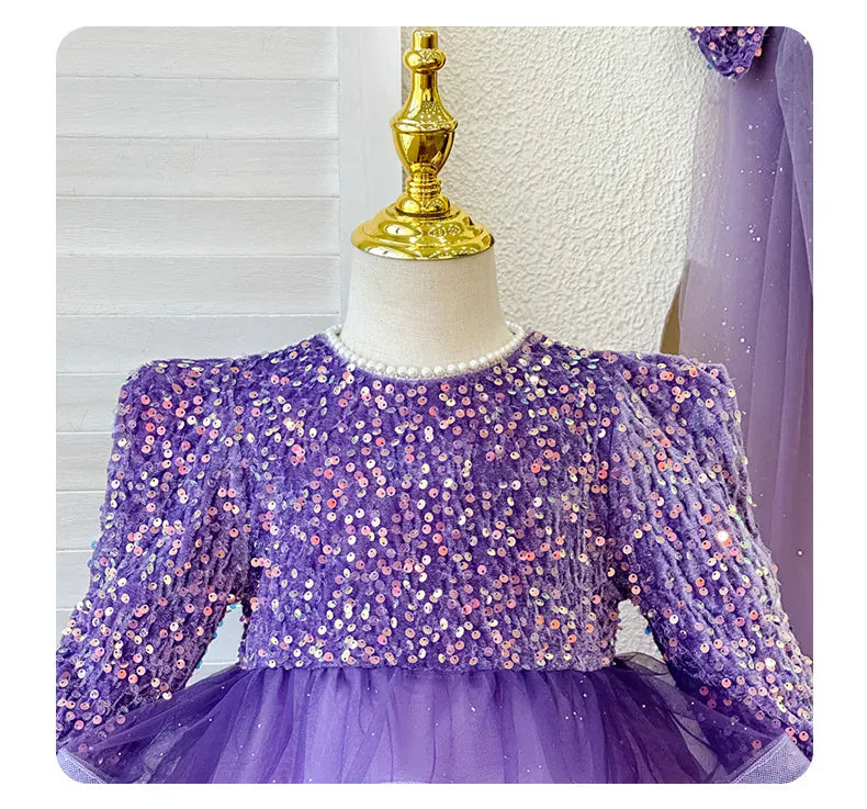 長袖ワンピース キッズワンピース スパンコールチュチュチュールレース長袖パーティドレスワンピース+リボンベールヘッドスカーフ【mh0007660】