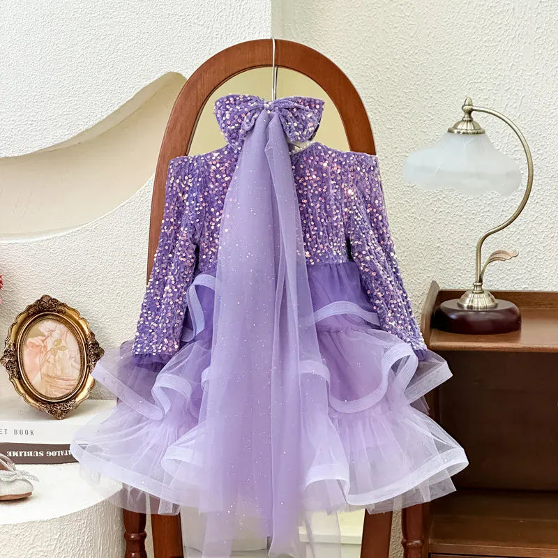 長袖ワンピース キッズワンピース スパンコールチュチュチュールレース長袖パーティドレスワンピース+リボンベールヘッドスカーフ【mh0007660】