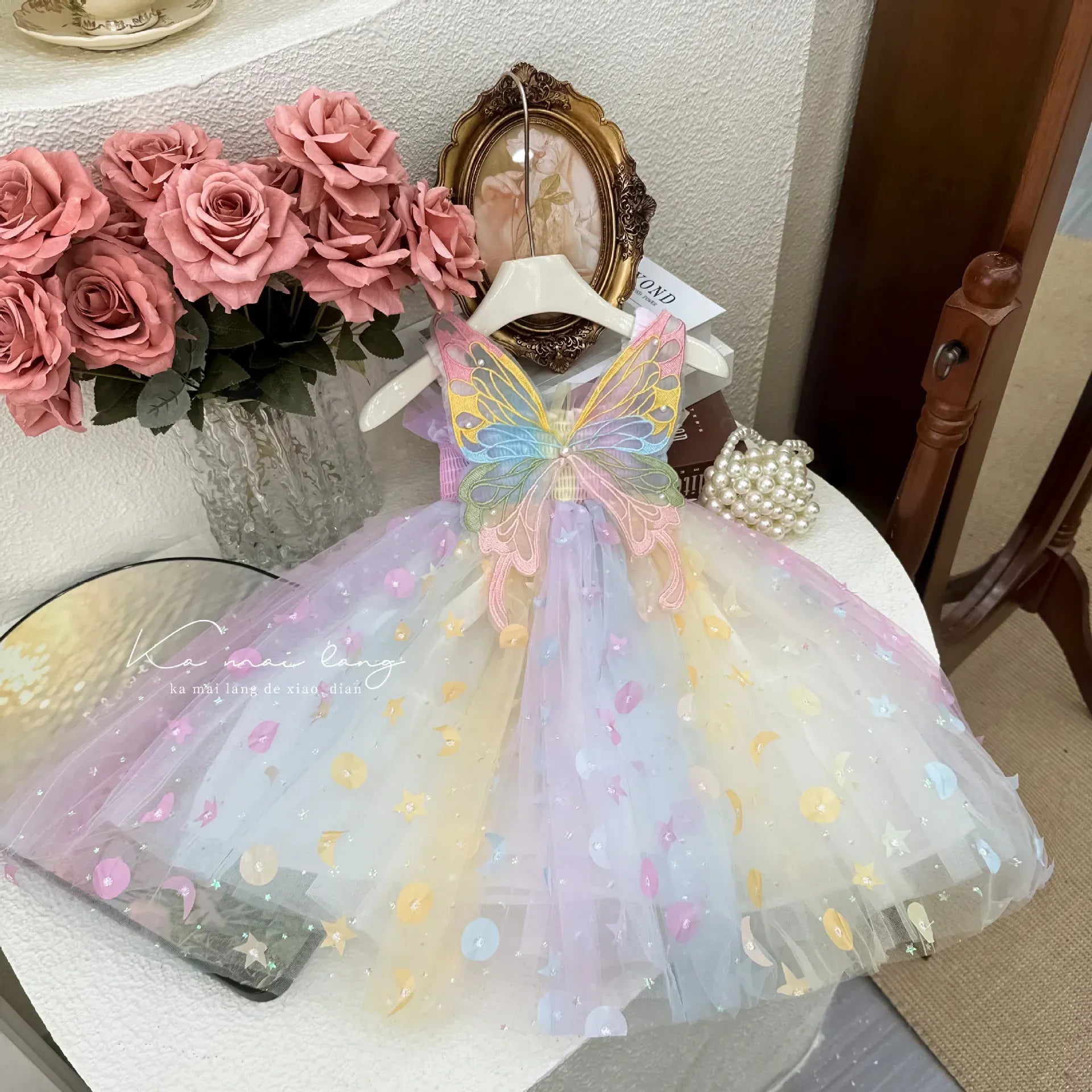 ノースリーブワンピース キッズワンピース レインボーチュールスパンコールバタフライノースリーブプリンセスドレスワンピース【mh0007663】