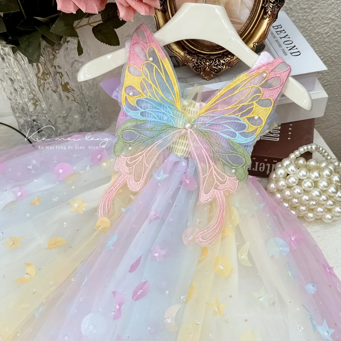 ノースリーブワンピース キッズワンピース レインボーチュールスパンコールバタフライノースリーブプリンセスドレスワンピース【mh0007663】