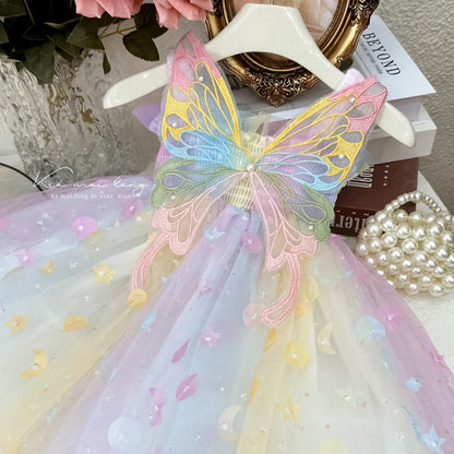 ノースリーブワンピース キッズワンピース レインボーチュールスパンコールバタフライノースリーブプリンセスドレスワンピース【mh0007663】