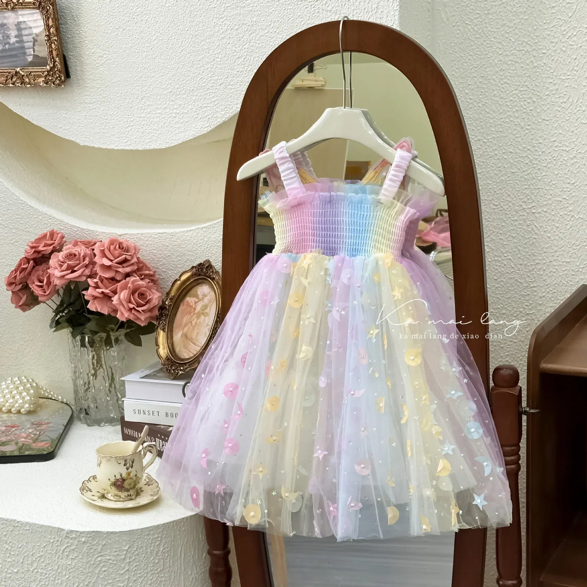 ノースリーブワンピース キッズワンピース レインボーチュールスパンコールバタフライノースリーブプリンセスドレスワンピース【mh0007663】