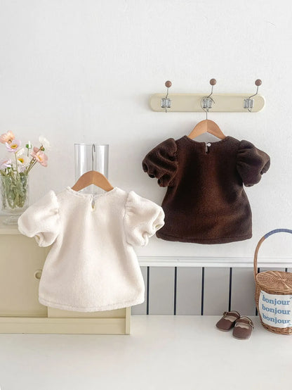 半袖ワンピース ベビーキッズワンピース ビッグリボンフリース厚手半袖パフスリーブワンピース【mh0007666】