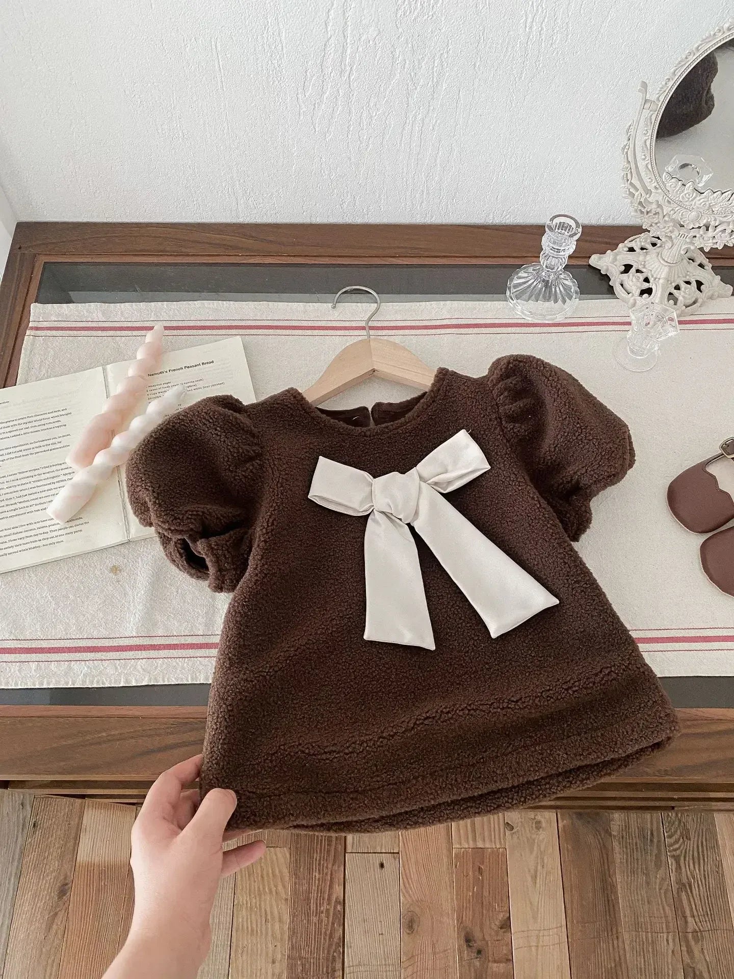 半袖ワンピース ベビーキッズワンピース ビッグリボンフリース厚手半袖パフスリーブワンピース【mh0007666】