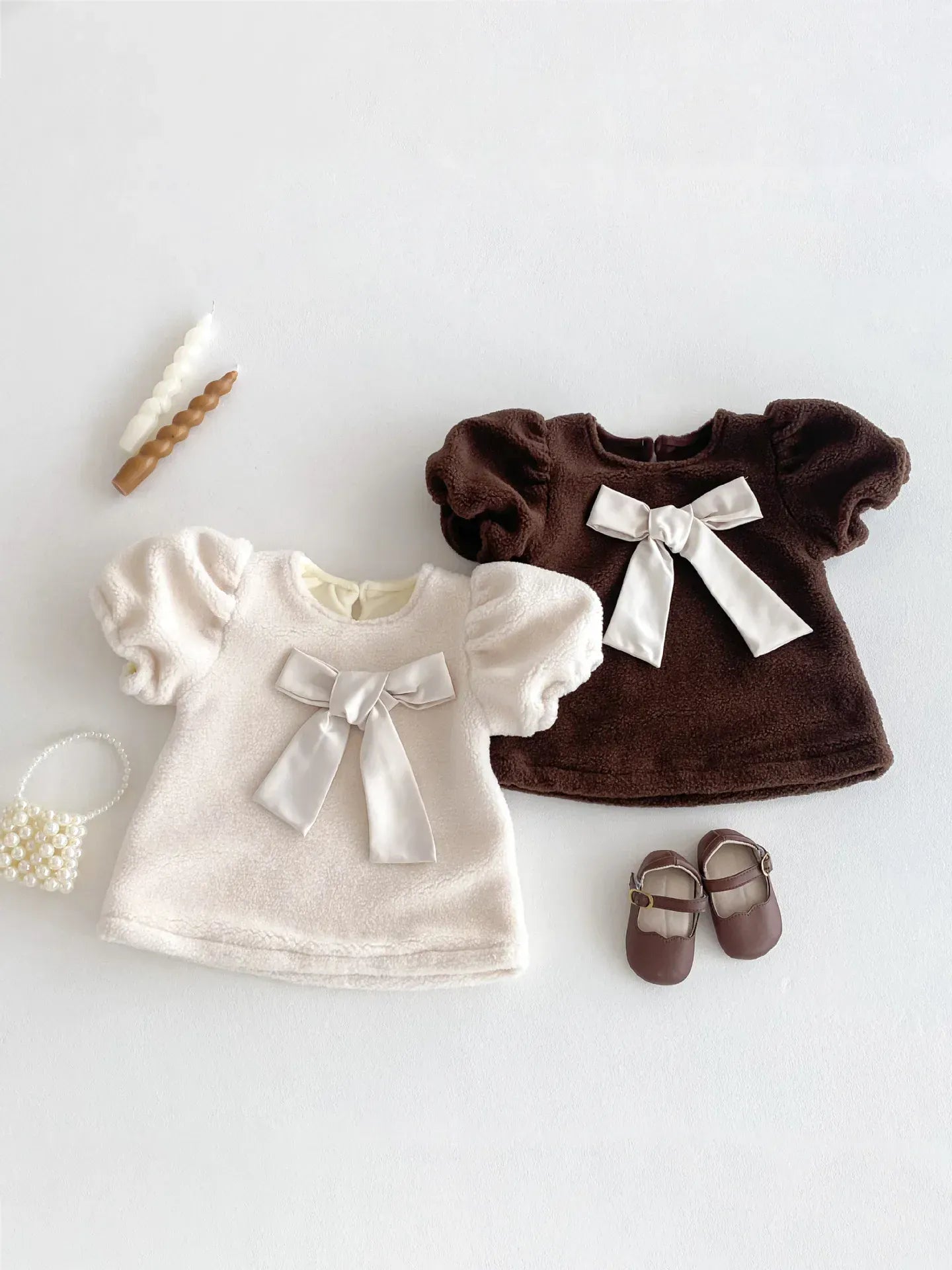 半袖ワンピース ベビーキッズワンピース ビッグリボンフリース厚手半袖パフスリーブワンピース【mh0007666】