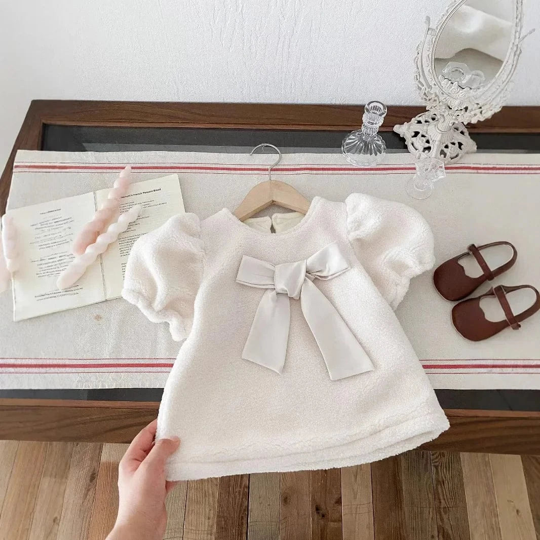 半袖ワンピース ベビーキッズワンピース ビッグリボンフリース厚手半袖パフスリーブワンピース【mh0007666】