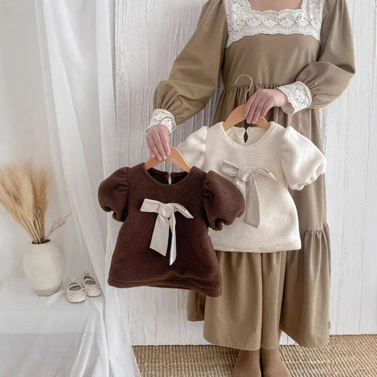 半袖ワンピース ベビーキッズワンピース ビッグリボンフリース厚手半袖パフスリーブワンピース【mh0007666】