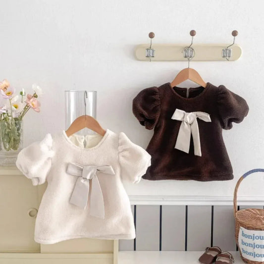 半袖ワンピース ベビーキッズワンピース ビッグリボンフリース厚手半袖パフスリーブワンピース【mh0007666】