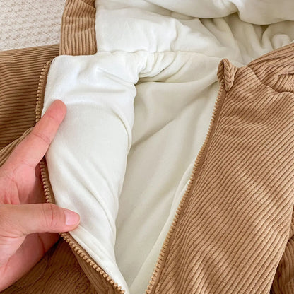 アウタージャンプスーツ ベビーアウタージャンプスーツ ベアくま刺繍コーデュロイフーディ厚手防寒ロンパース【mh0007668】