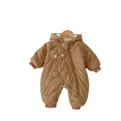 アウタージャンプスーツ ベビーアウタージャンプスーツ ベアくま刺繍コーデュロイフーディ厚手防寒ロンパース【mh0007668】