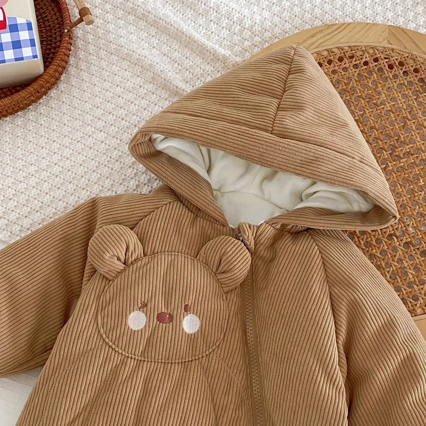 アウタージャンプスーツ ベビーアウタージャンプスーツ ベアくま刺繍コーデュロイフーディ厚手防寒ロンパース【mh0007668】