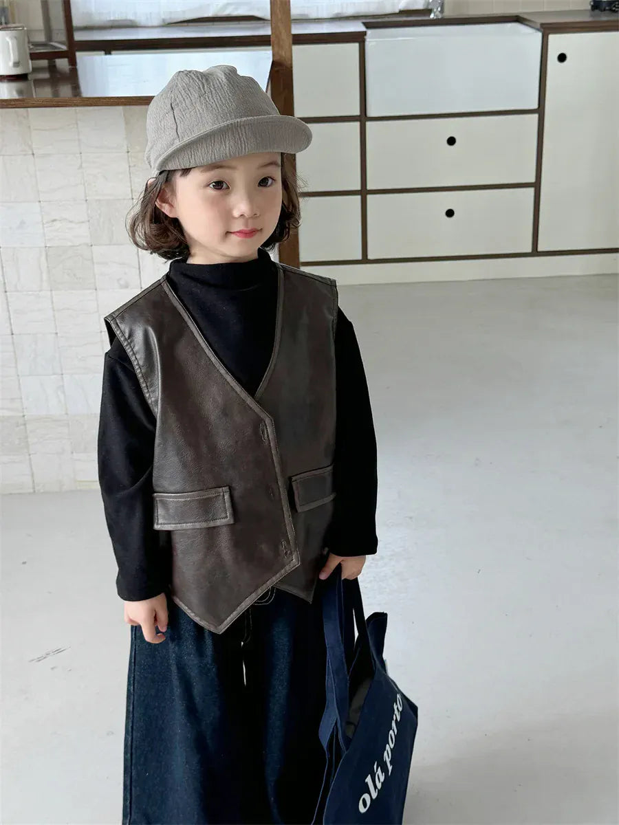 ベスト キッズベスト フェイクレザー前あきプレッピーウェストコートベスト【mh0007673】
