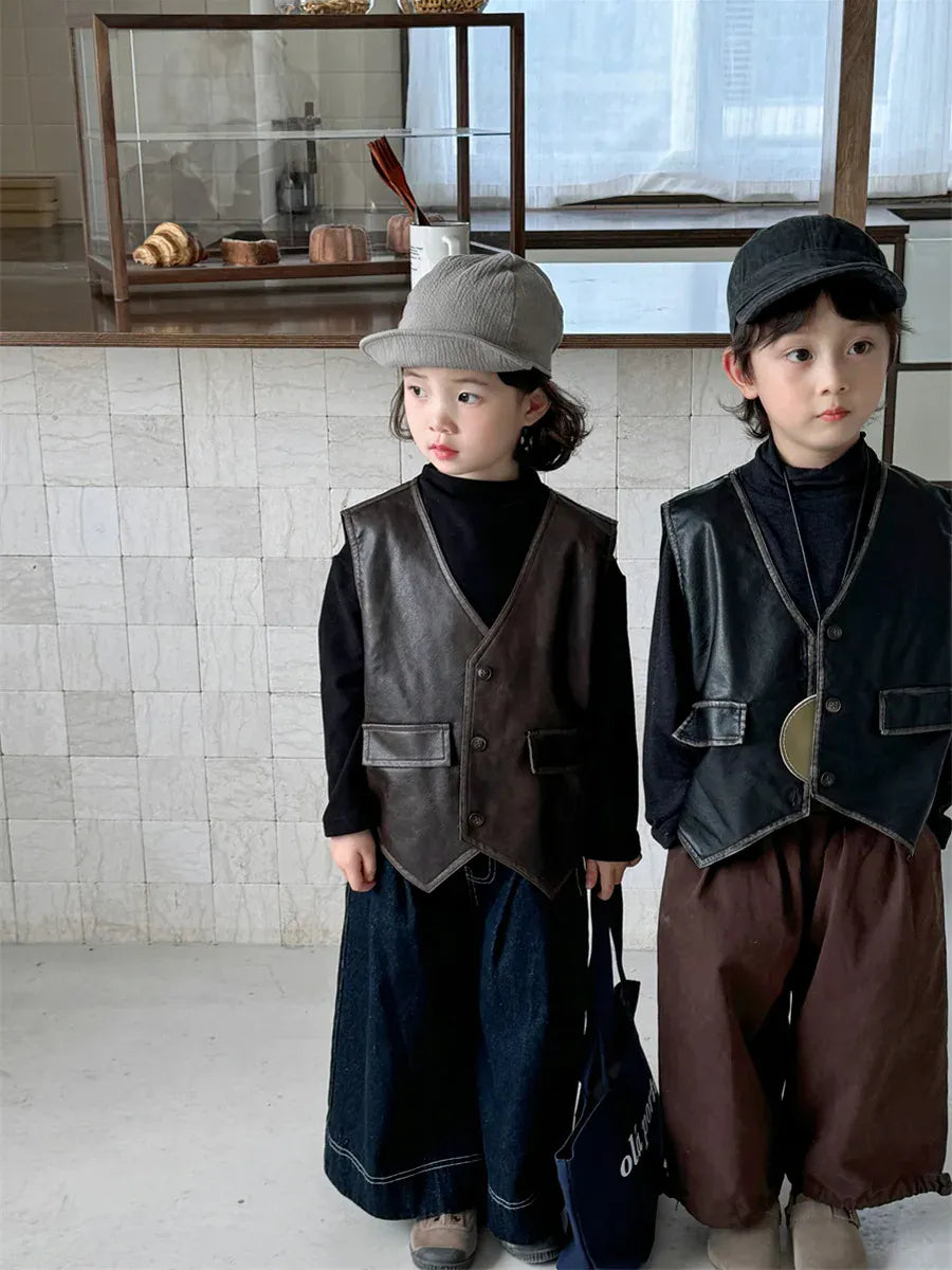 ベスト キッズベスト フェイクレザー前あきプレッピーウェストコートベスト【mh0007673】