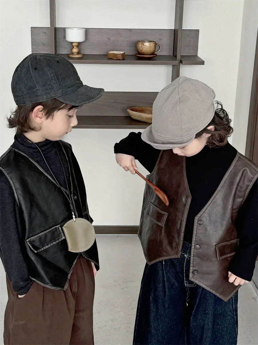 ベスト キッズベスト フェイクレザー前あきプレッピーウェストコートベスト【mh0007673】