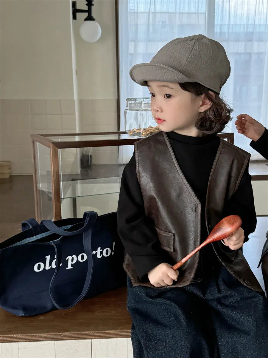 ベスト キッズベスト フェイクレザー前あきプレッピーウェストコートベスト【mh0007673】