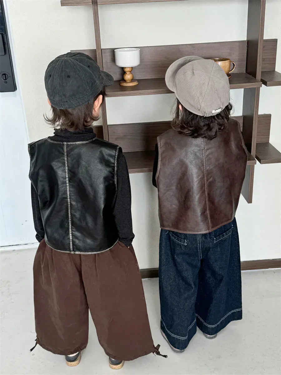 ベスト キッズベスト フェイクレザー前あきプレッピーウェストコートベスト【mh0007673】