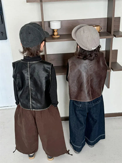 ベスト キッズベスト フェイクレザー前あきプレッピーウェストコートベスト【mh0007673】