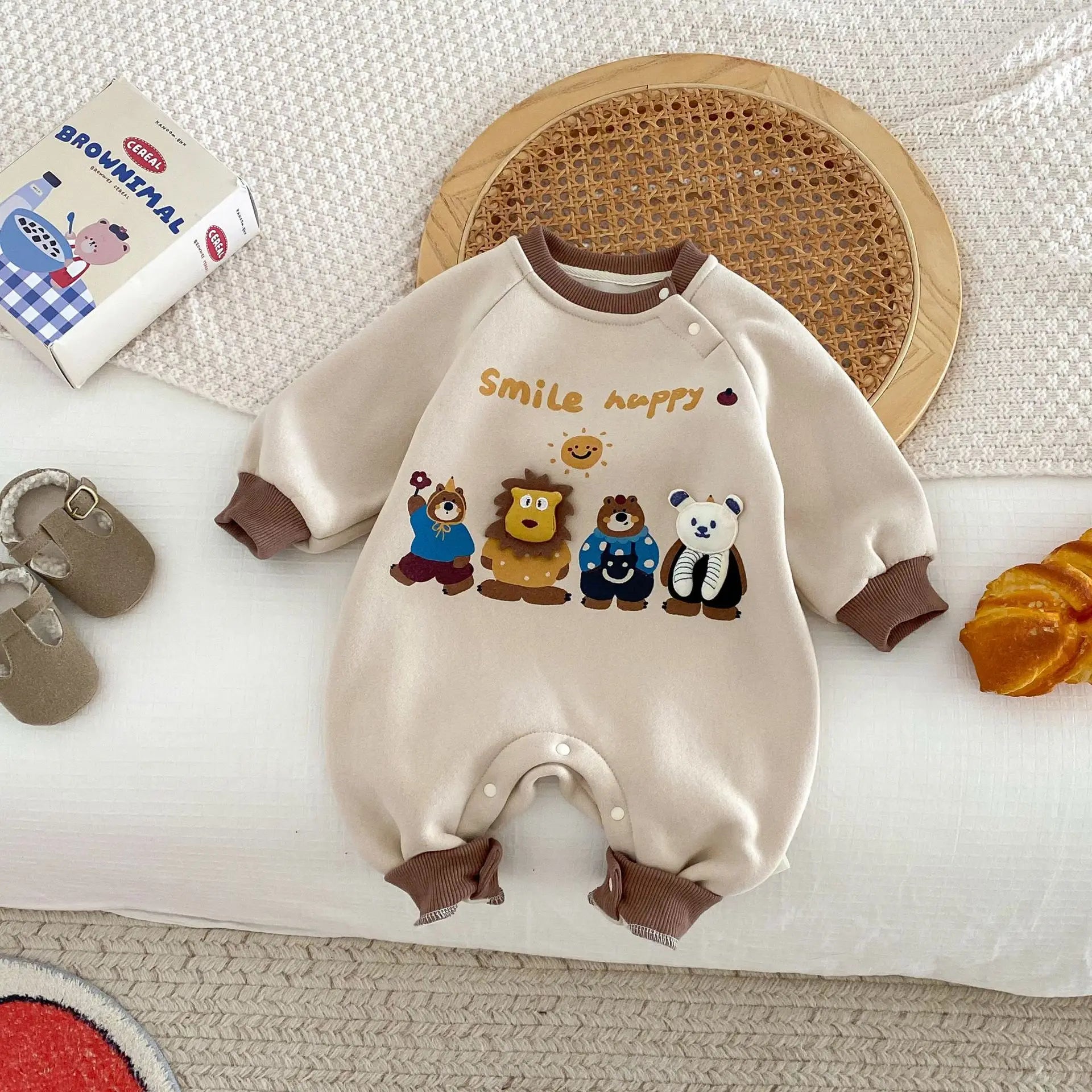 長袖ロンパース ベビージャンプスーツ ベアくまプリントフリース長袖ロンパース【mh0007679】