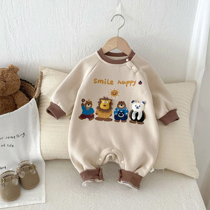 長袖ロンパース ベビージャンプスーツ ベアくまプリントフリース長袖ロンパース【mh0007679】