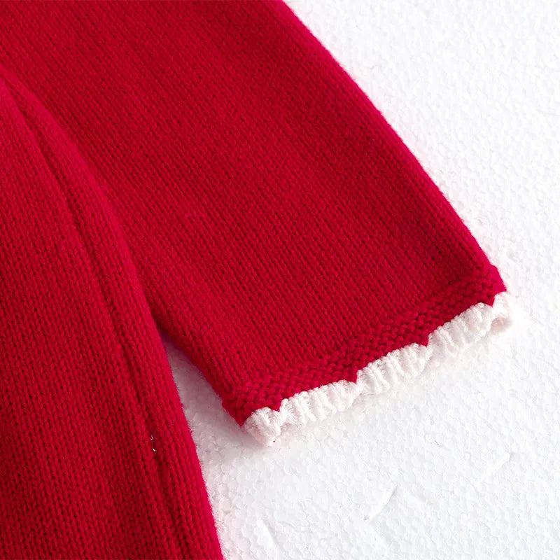 長袖ワンピース ベビーキッズワンピース レース襟ニット長袖ワンピース レッド【mh0007687】