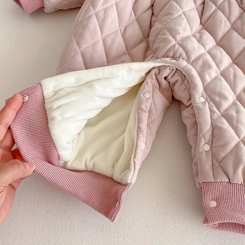 アウタージャンプスーツ ベビーアウタージャンプスーツ うさぎ刺繍キルティング長袖アウターボディースーツ ピンク【mh0007688】