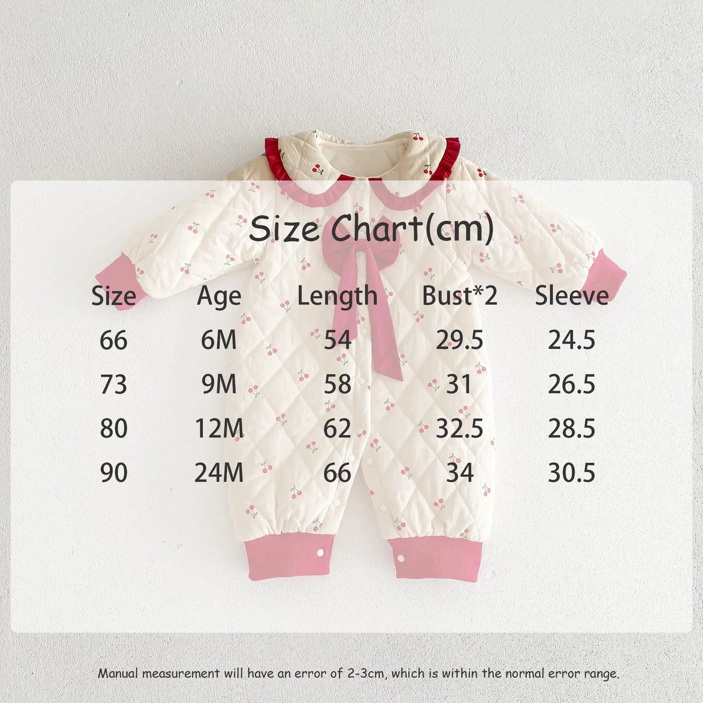 アウタージャンプスーツ ベビーアウタージャンプスーツ チェリープリントフリル丸襟リボン裏フリースキルティング長袖ロンパース【mh0007704】