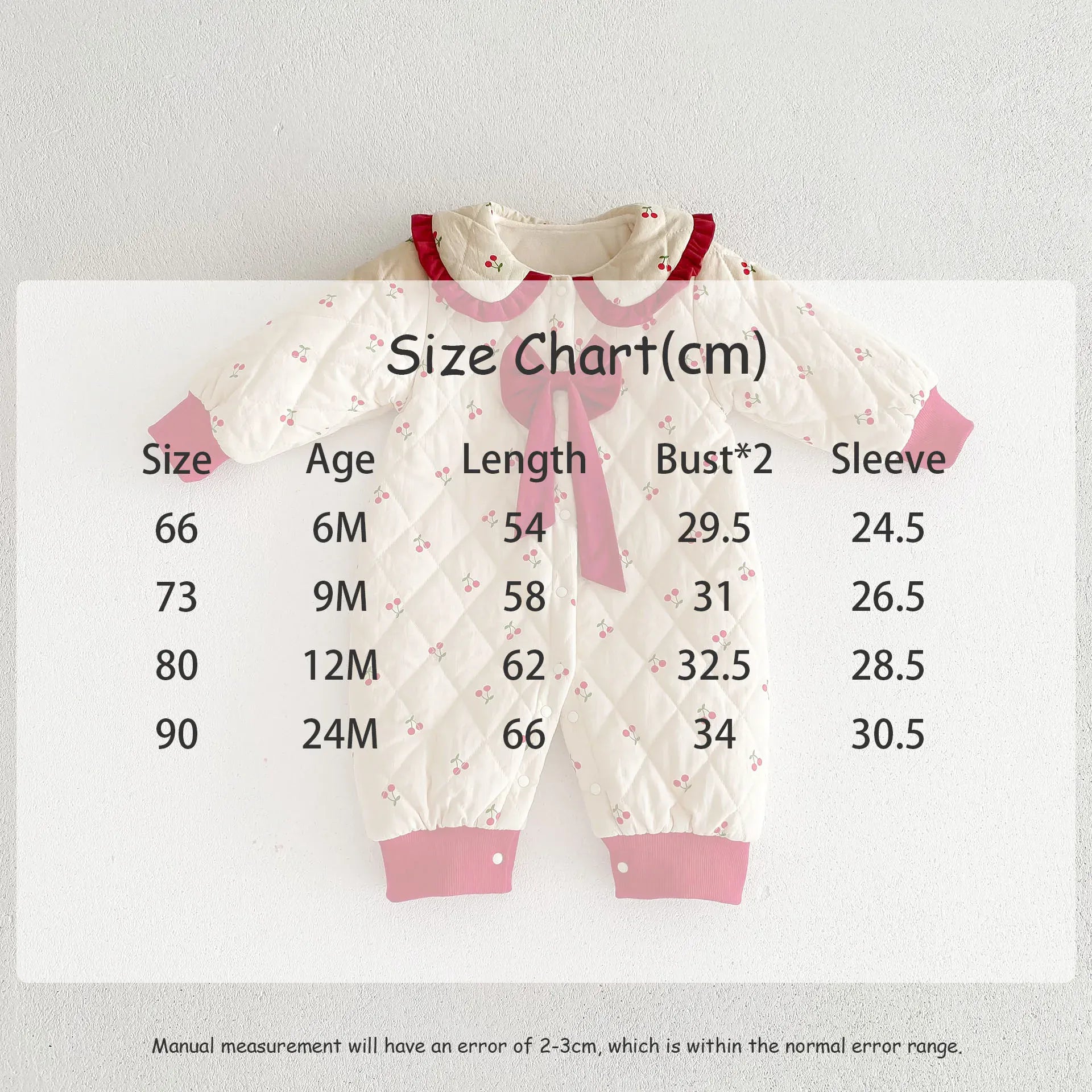 アウタージャンプスーツ ベビーアウタージャンプスーツ チェリープリントフリル丸襟リボン裏フリースキルティング長袖ロンパース【mh0007704】