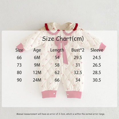 アウタージャンプスーツ ベビーアウタージャンプスーツ チェリープリントフリル丸襟リボン裏フリースキルティング長袖ロンパース【mh0007704】