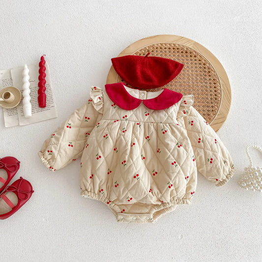 長袖ロンパース ベビーロンパース チェリープリントフリルショルダー裏フリースキルティング長袖ボディスーツ【mh0007707】