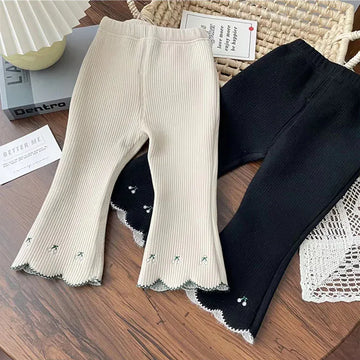 レギンスパンツ キッズパンツ チェリーさくらんぼ刺繍裏フリースフレアレギンスパンツ【mh0007708】