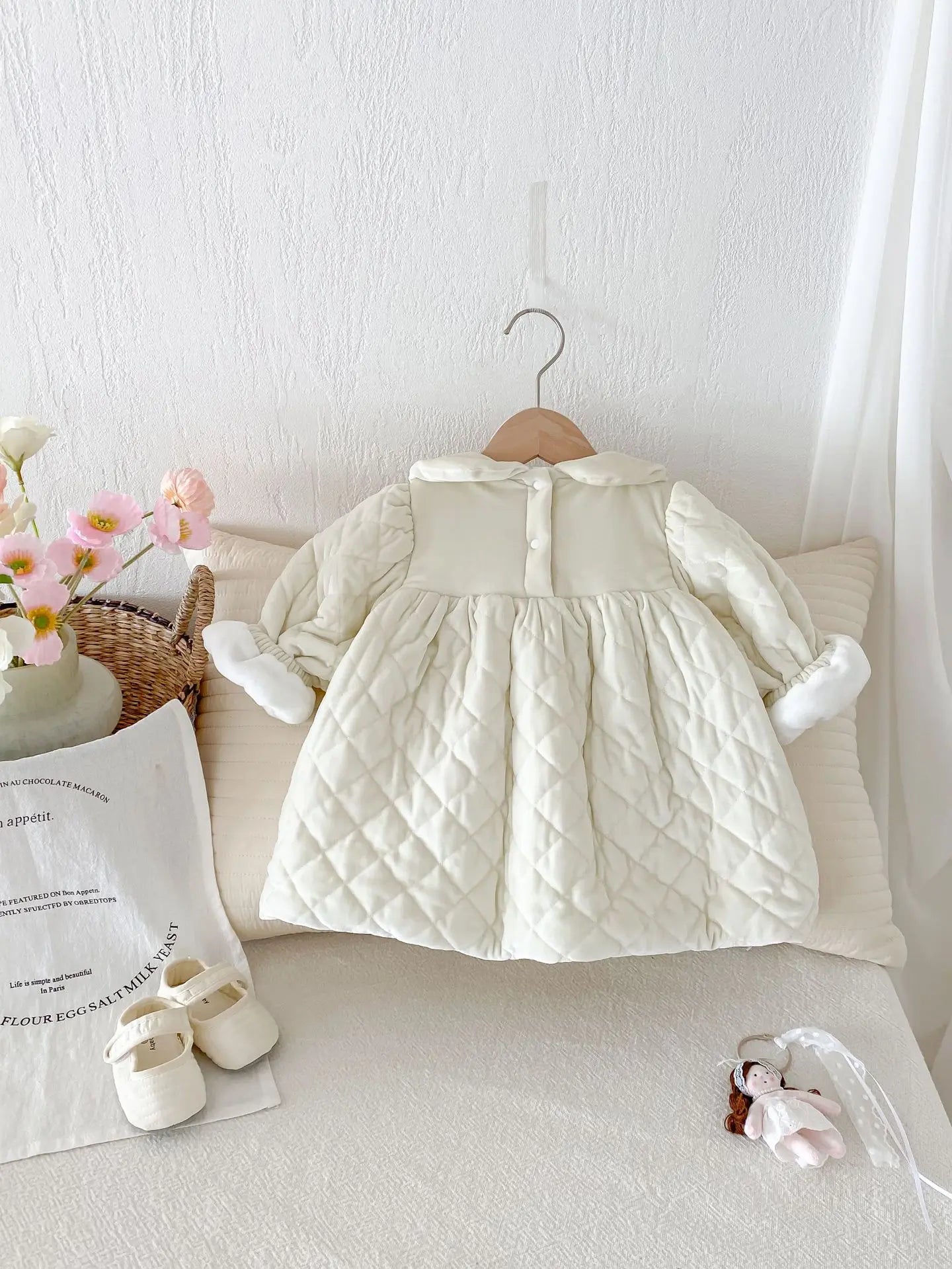 長袖ワンピース ベビーキッズワンピース キルティング裏フリース丸襟厚手長袖ワンピース【mh0007710】