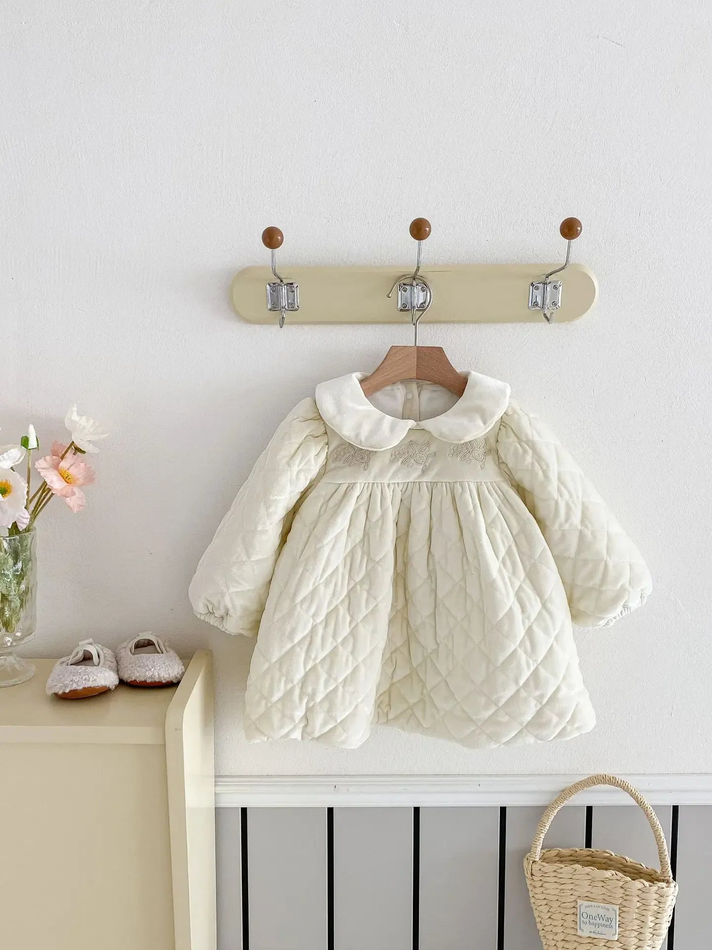 長袖ワンピース ベビーキッズワンピース キルティング裏フリース丸襟厚手長袖ワンピース【mh0007710】