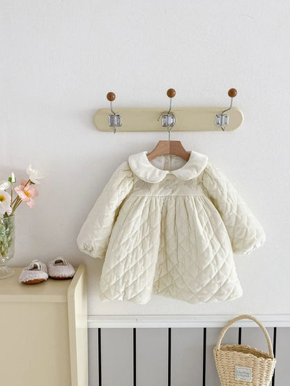 長袖ワンピース ベビーキッズワンピース キルティング裏フリース丸襟厚手長袖ワンピース【mh0007710】