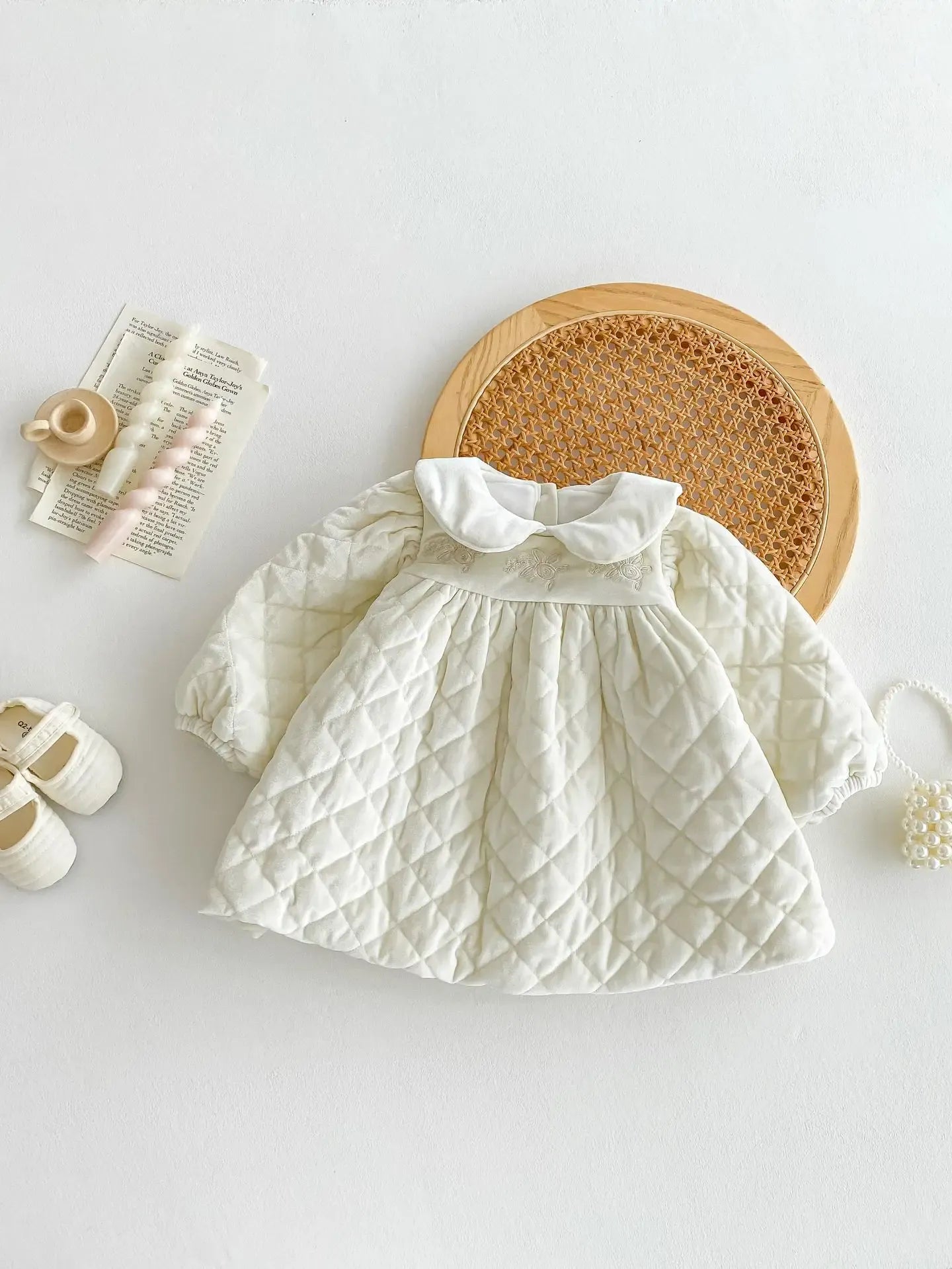 長袖ワンピース ベビーキッズワンピース キルティング裏フリース丸襟厚手長袖ワンピース【mh0007710】