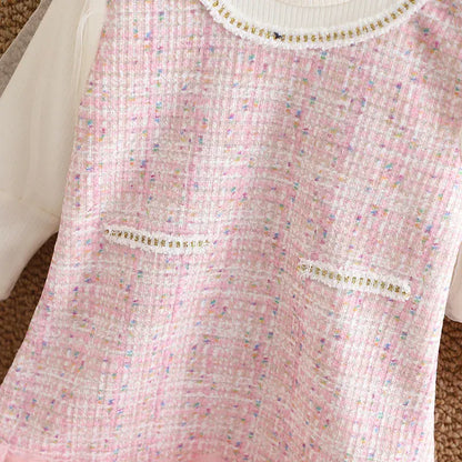 長袖ワンピース ベビーキッズワンピース チュール裾ツイード風長袖セータードッキングワンピース【mh0007715】