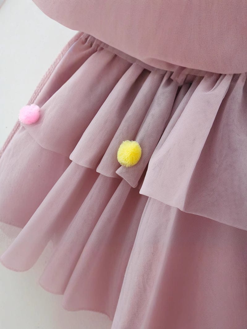 長袖ワンピース ベビーキッズワンピース ハートぽんぽんフリルスカートドッキング長袖ドレスワンピース【mh0007719】