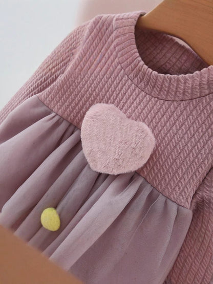 長袖ワンピース ベビーキッズワンピース ハートぽんぽんフリルスカートドッキング長袖ドレスワンピース【mh0007719】