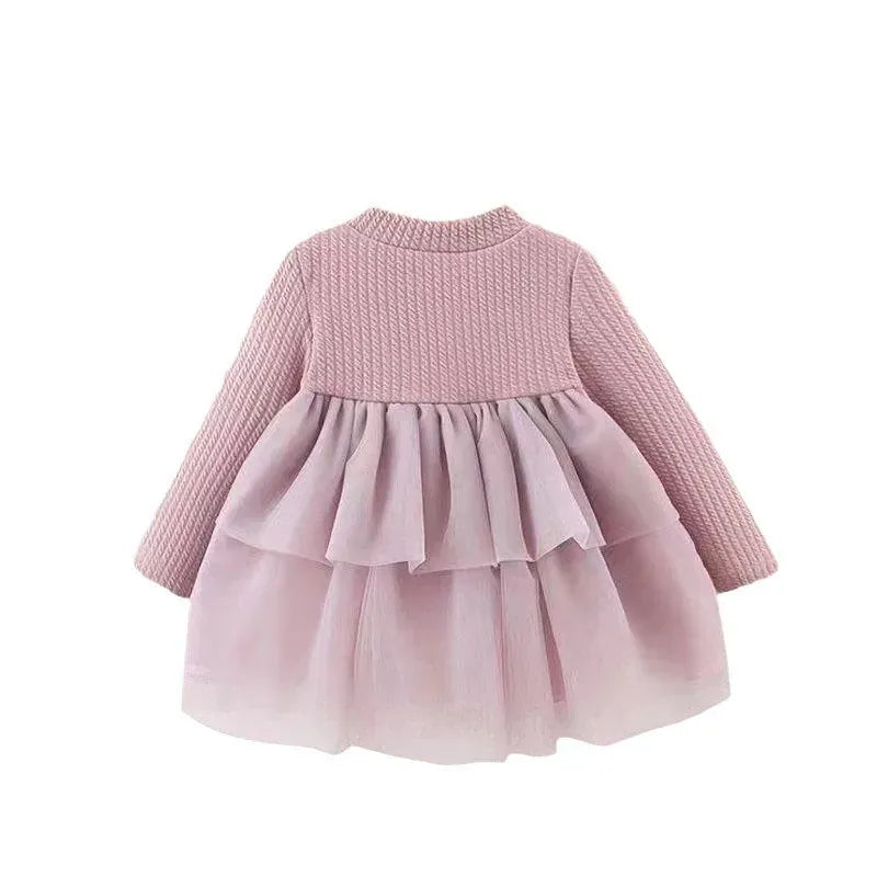 長袖ワンピース ベビーキッズワンピース ハートぽんぽんフリルスカートドッキング長袖ドレスワンピース【mh0007719】