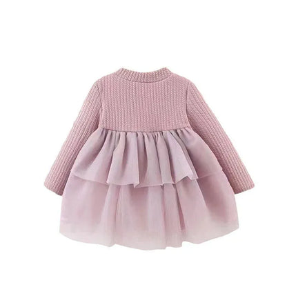 長袖ワンピース ベビーキッズワンピース ハートぽんぽんフリルスカートドッキング長袖ドレスワンピース【mh0007719】