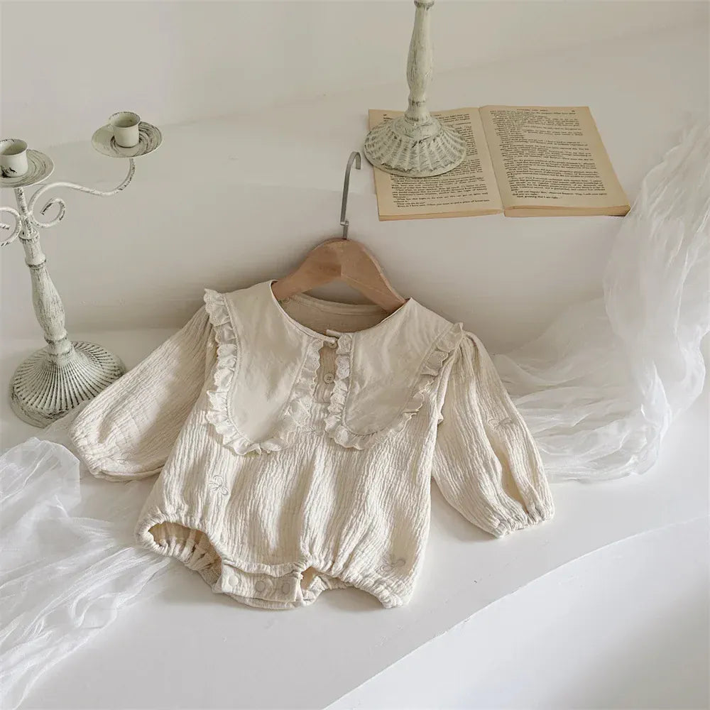 長袖ロンパース ベビーロンパース うさ耳ビッグ襟リボン刺繍長袖ボディスーツ アプリコット【mh0007725】