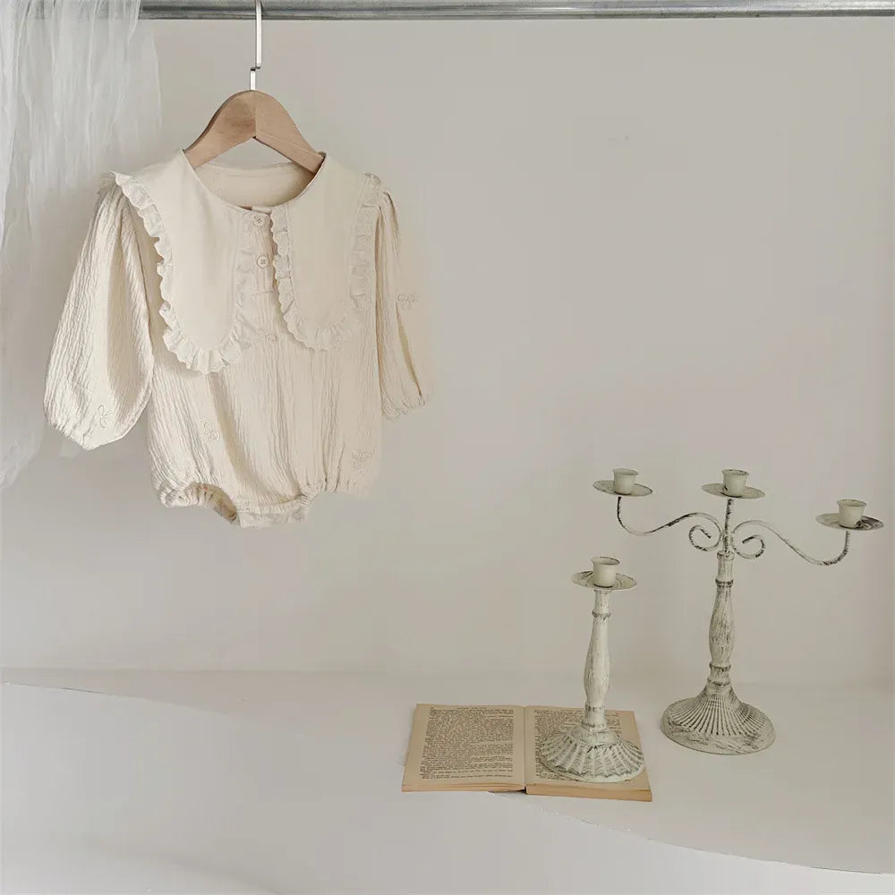 長袖ロンパース ベビーロンパース うさ耳ビッグ襟リボン刺繍長袖ボディスーツ アプリコット【mh0007725】